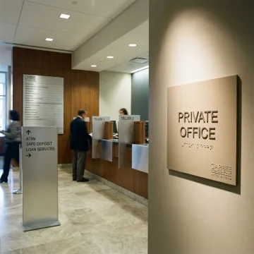 Modern bank lobby with branch signage