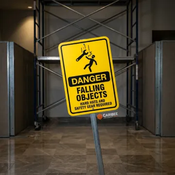 Corporate building falling objects warning sign