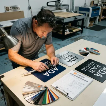 Technician reviewing ADA Braille sign proofs