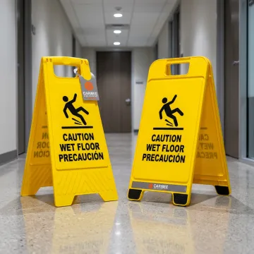 Custom wet floor signs in a commercial hallway