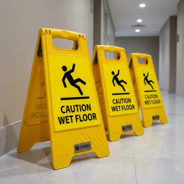 Branded wet floor signs in a facility corridor
