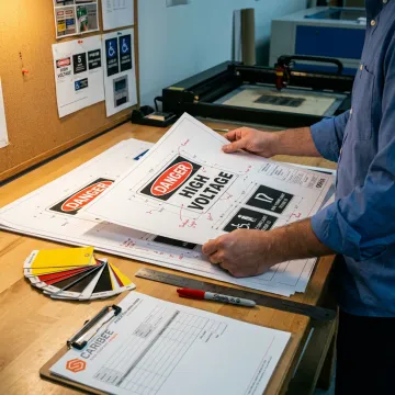 Designer reviewing custom safety sign proofs