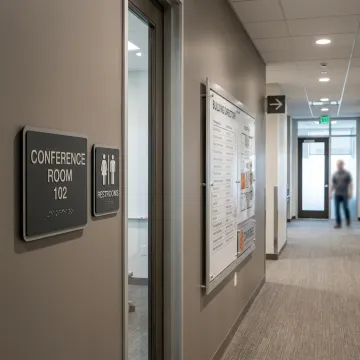 ADA and wayfinding signs in commercial hallway