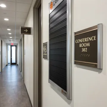 ADA and wayfinding signs in a commercial hallway