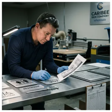 Custom ADA signs being reviewed before fulfillment