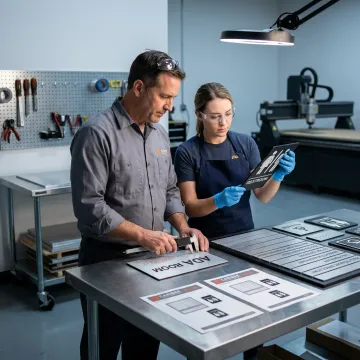 Custom ADA signs being reviewed during production