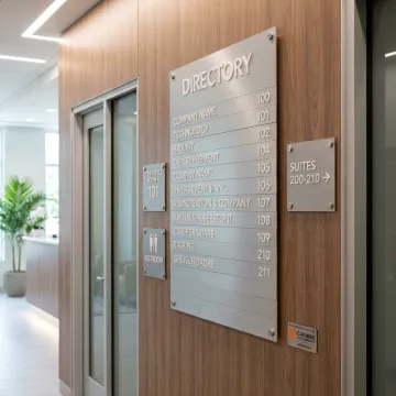 Custom ADA and wayfinding signs in a Florida lobby