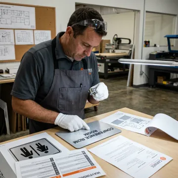 Signage specialist reviewing ADA sign proofs