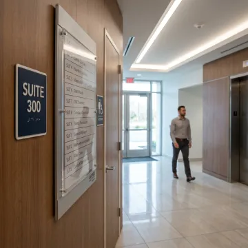 Custom ADA and wayfinding signs in a commercial lobby