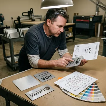 Signage specialist reviewing ADA sign layouts
