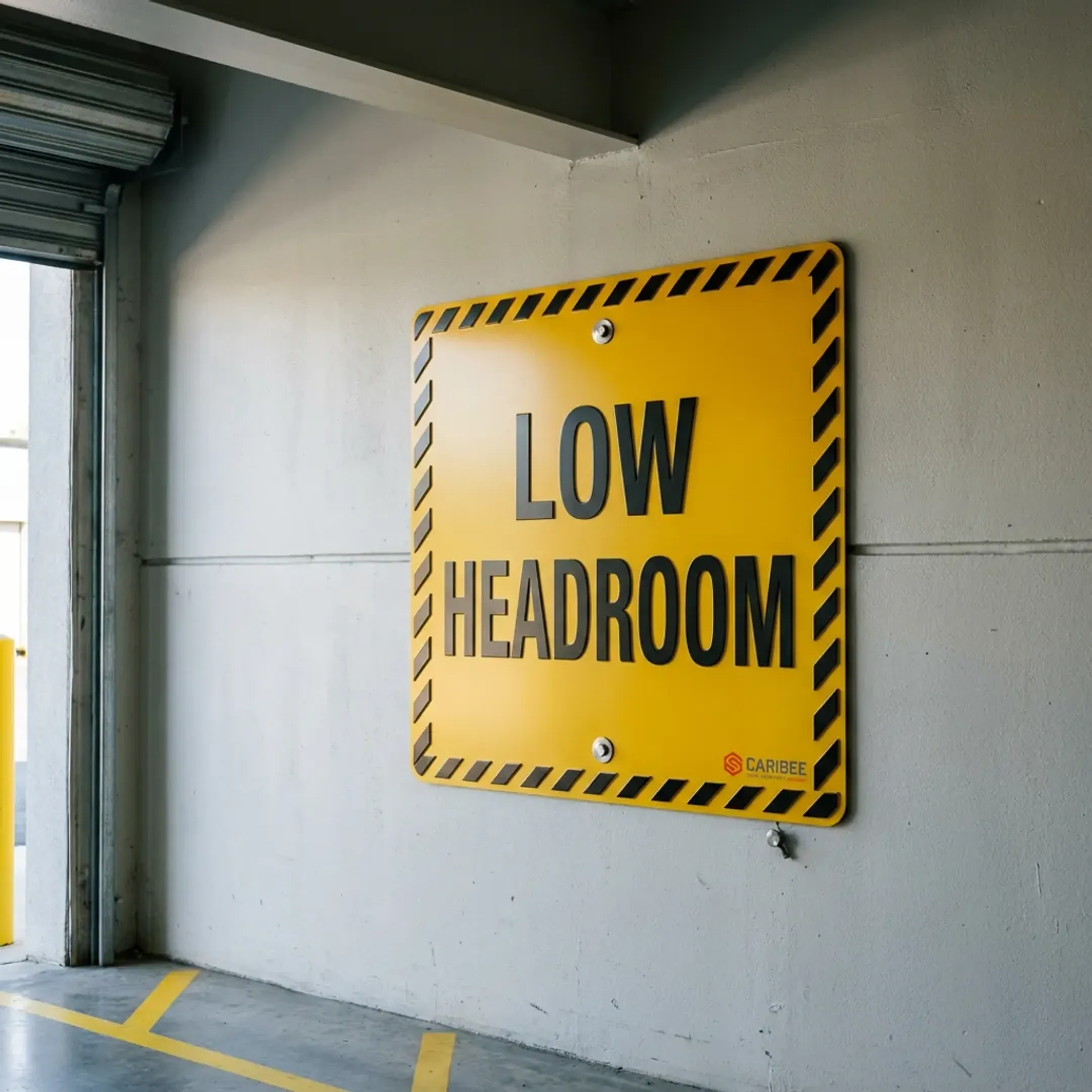 Corporate building watch your head sign