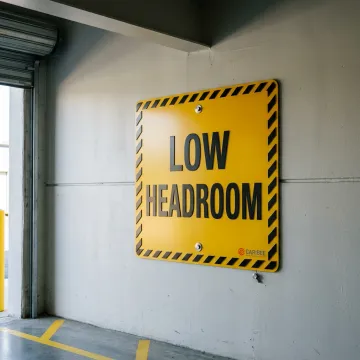 Corporate building watch your head sign