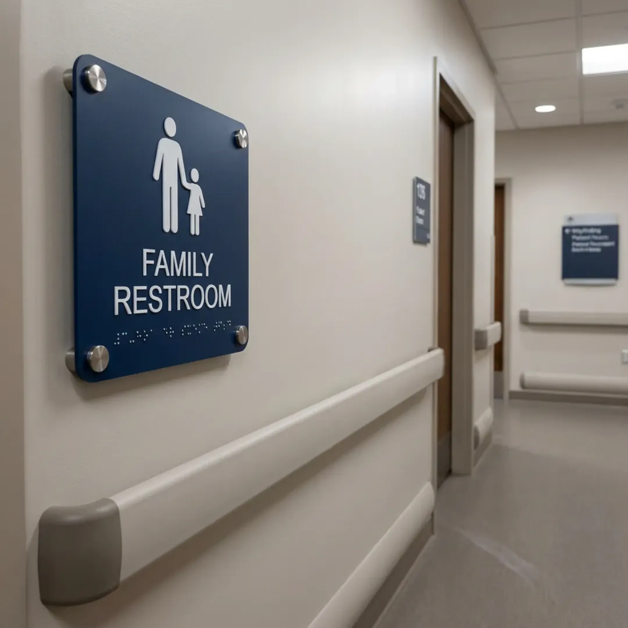 Family restroom sign in a healthcare facility