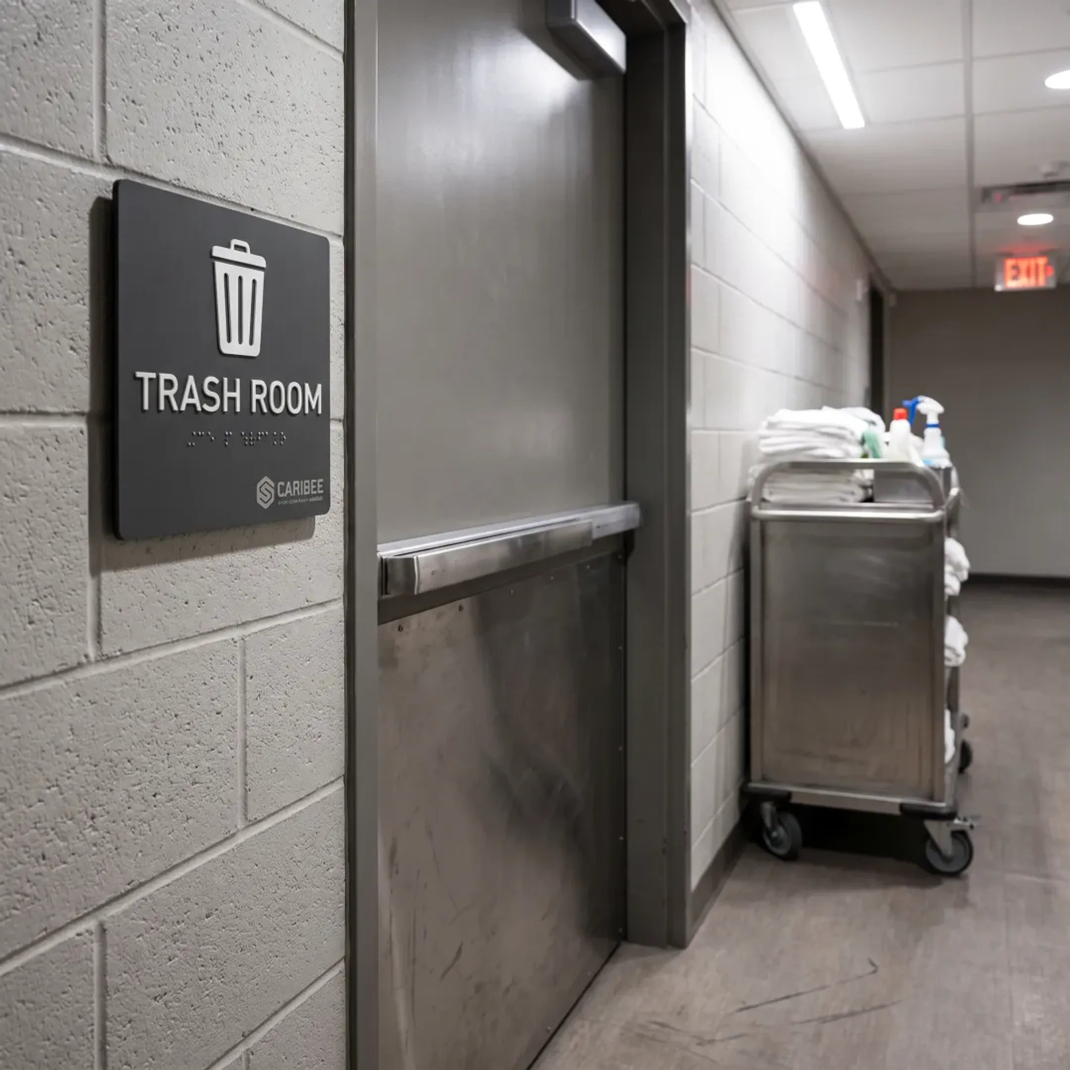 Hotel service area trash room sign
