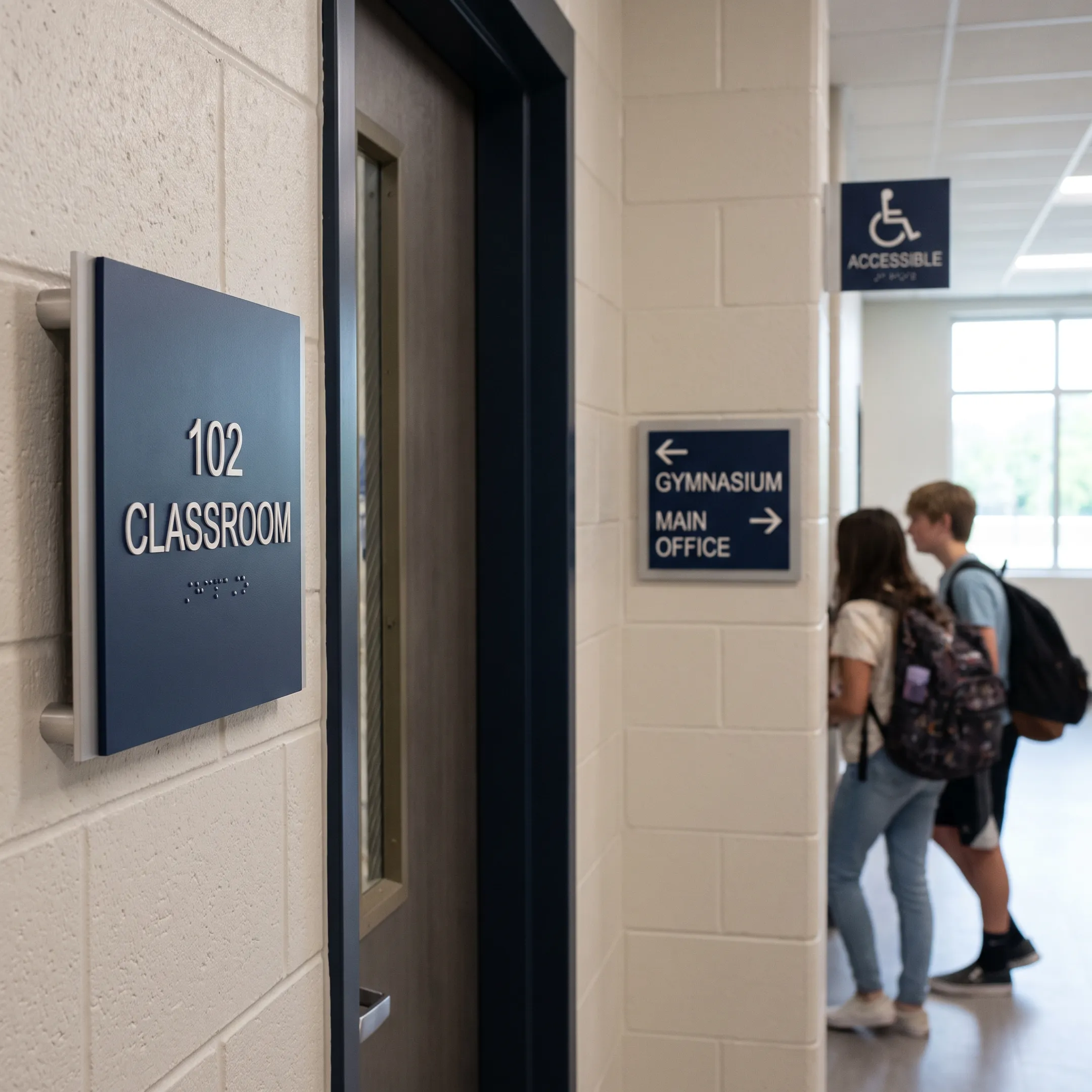 Directional school signs in a bright campus hallway