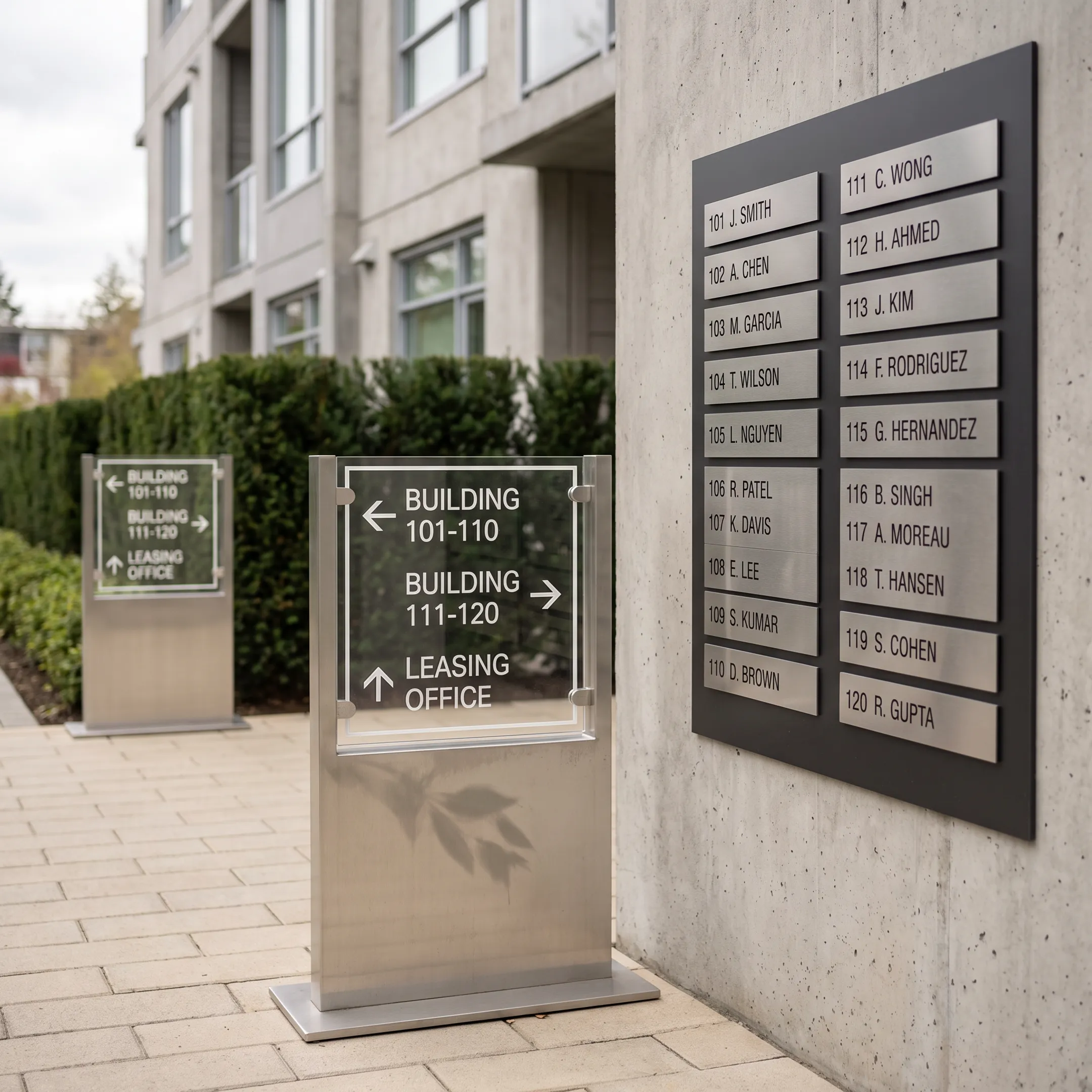 Apartment entrance signage and directory