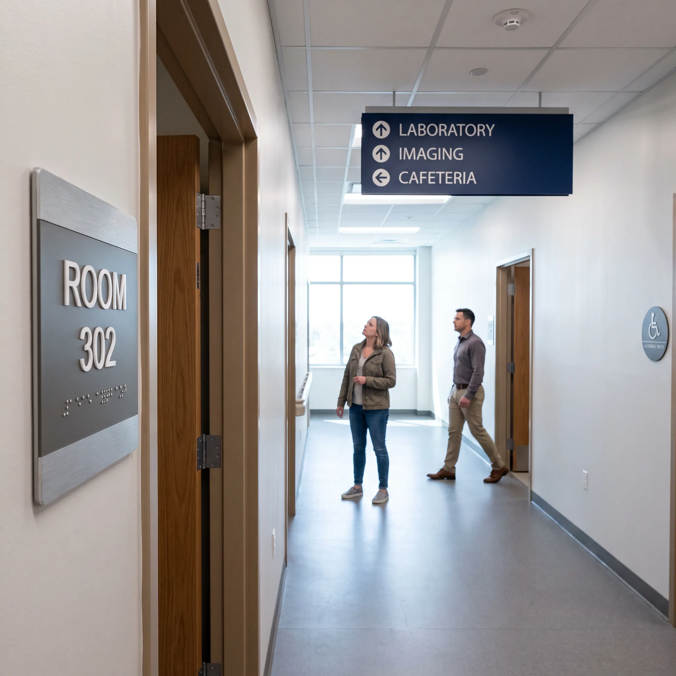Accessible hospital hallway directional signage