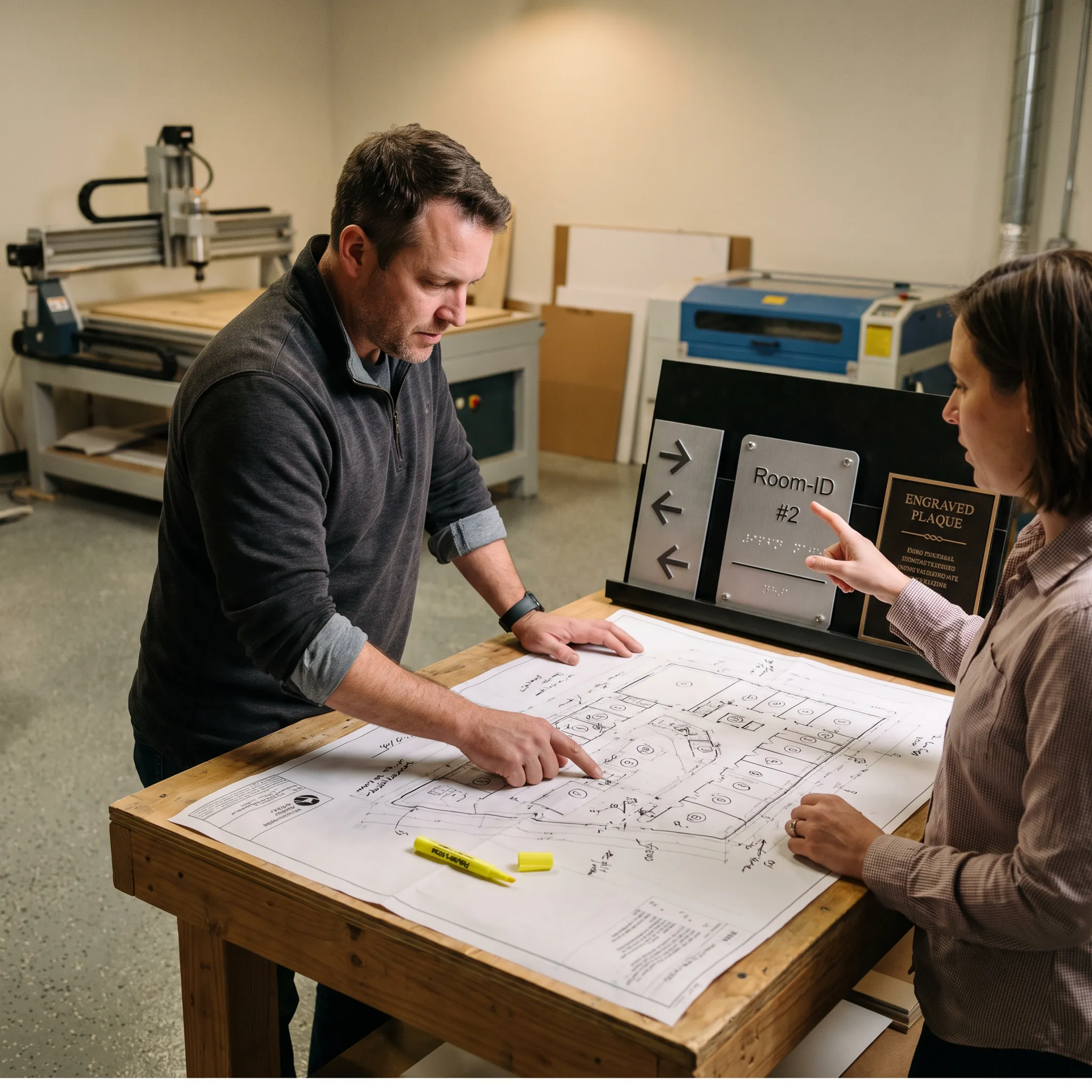 Designer reviewing an exterior wayfinding sign plan