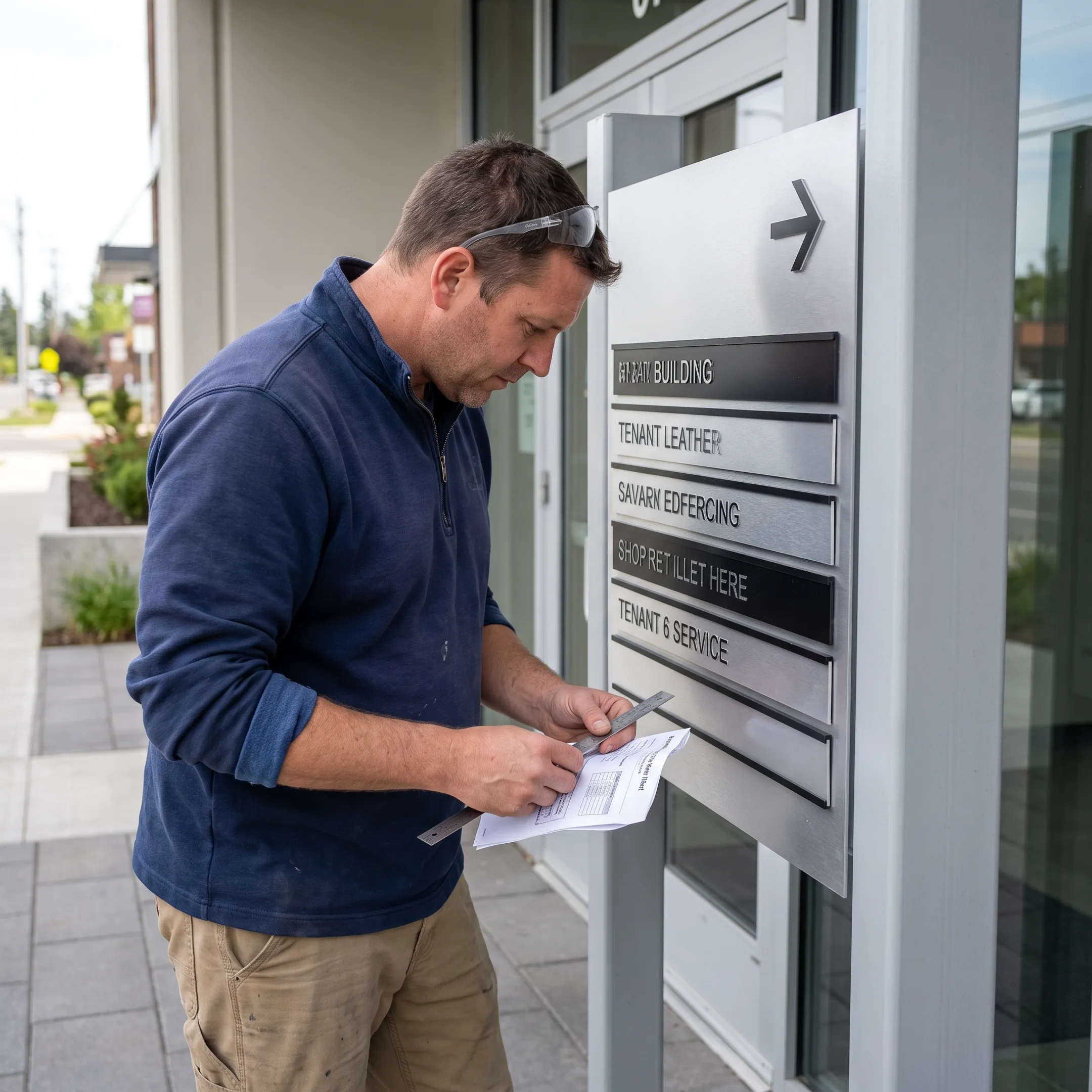 Professional reviewing an outdoor directory sign