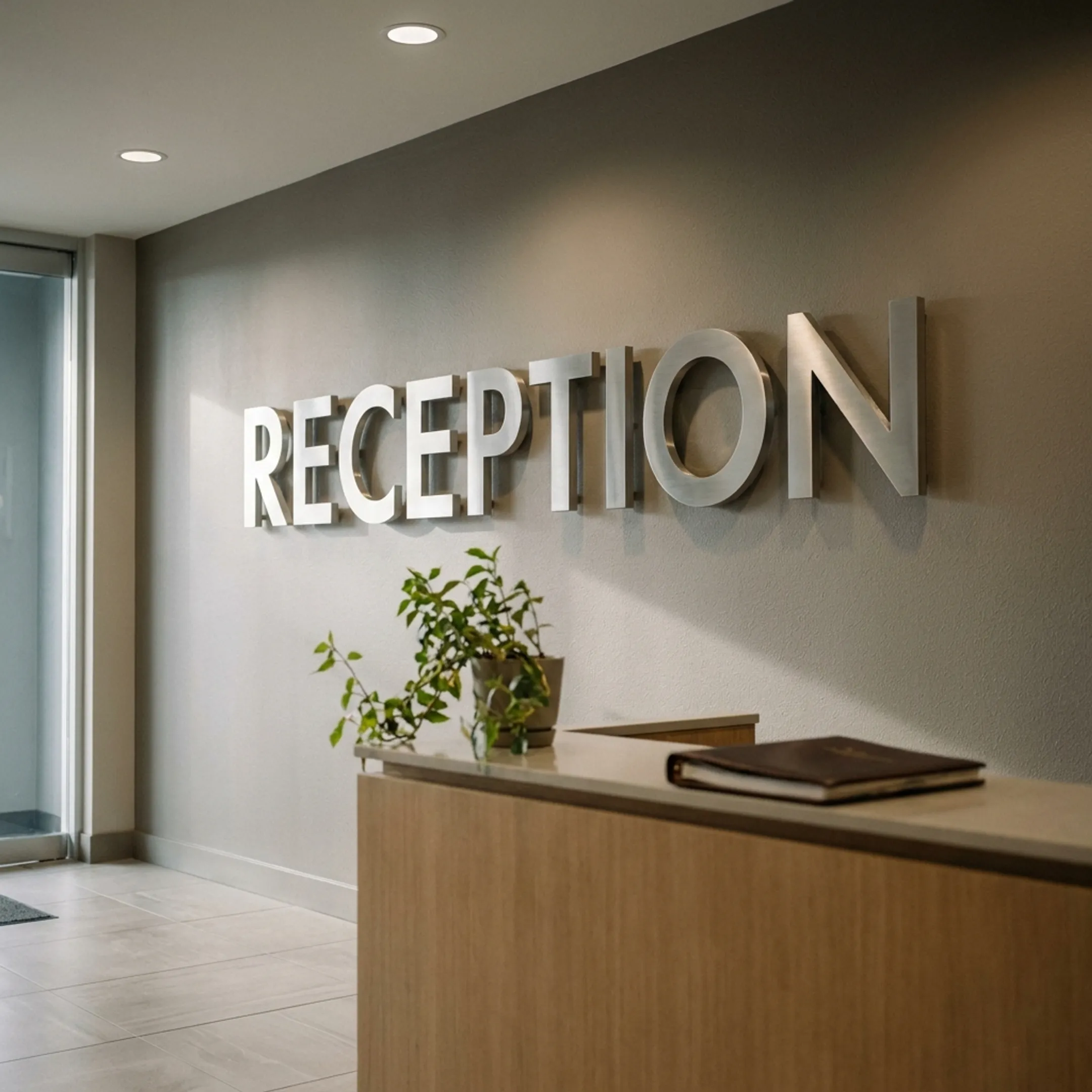 Corporate office lobby reception sign