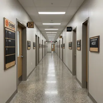 School hallway with directional signage