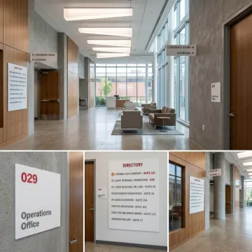 Custom ADA and wayfinding signs in a commercial lobby