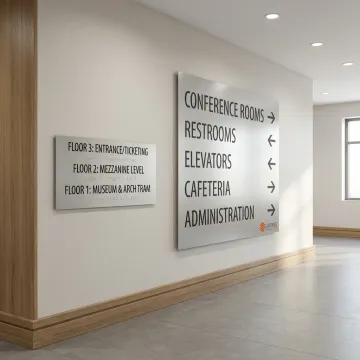 ADA and wayfinding signs in a commercial hallway
