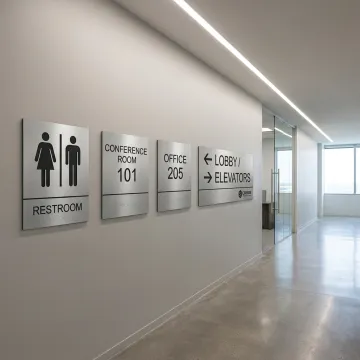 Custom ADA and wayfinding signs in a commercial hallway