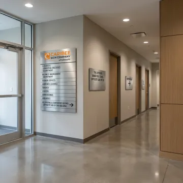 Office signage in a modern commercial building