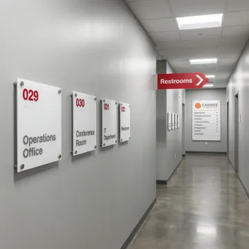 ADA and wayfinding signs in a commercial hallway