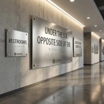 ADA and wayfinding signs in a commercial hallway