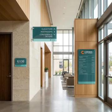 Custom ADA signs in a Texas commercial lobby