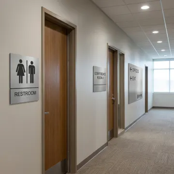 ADA and wayfinding signs in an office corridor