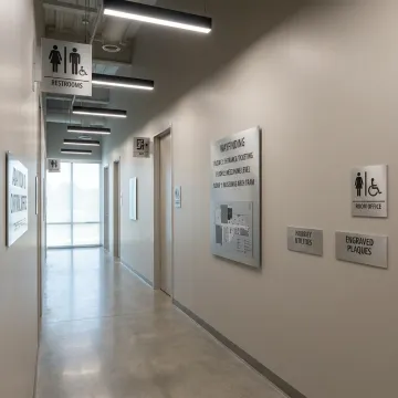 ADA and directory signs in commercial hallway