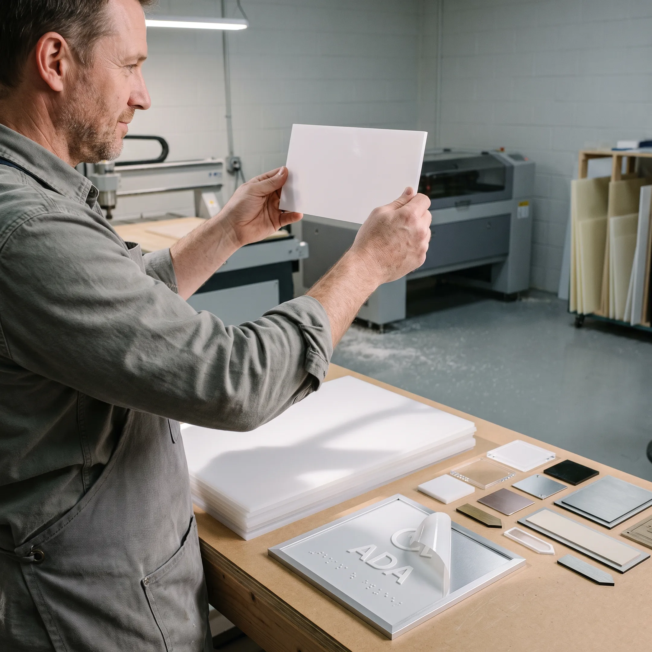 Fabricator reviewing acrylic blanks for a sign project