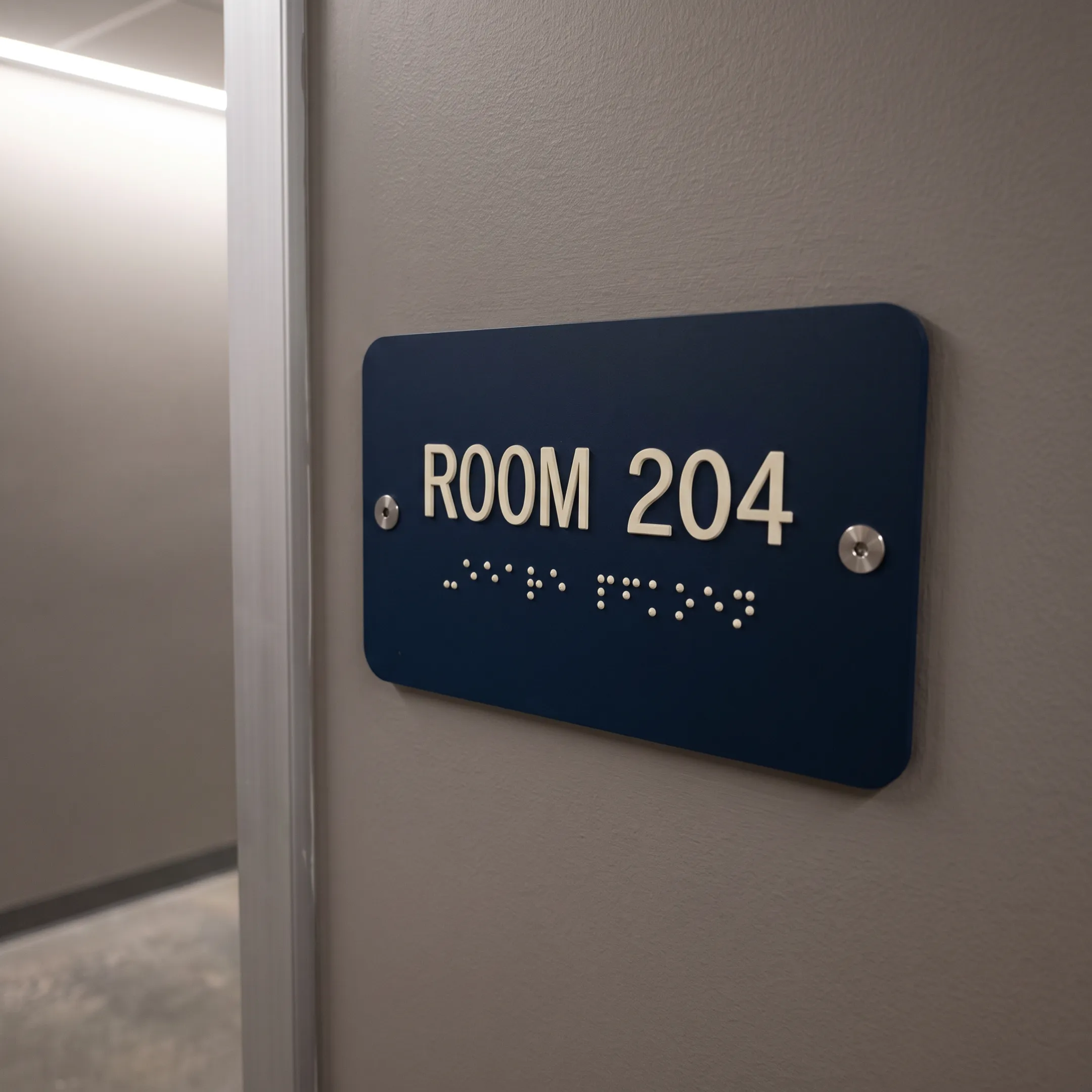 Tactile ADA signage installed outside a dormitory room