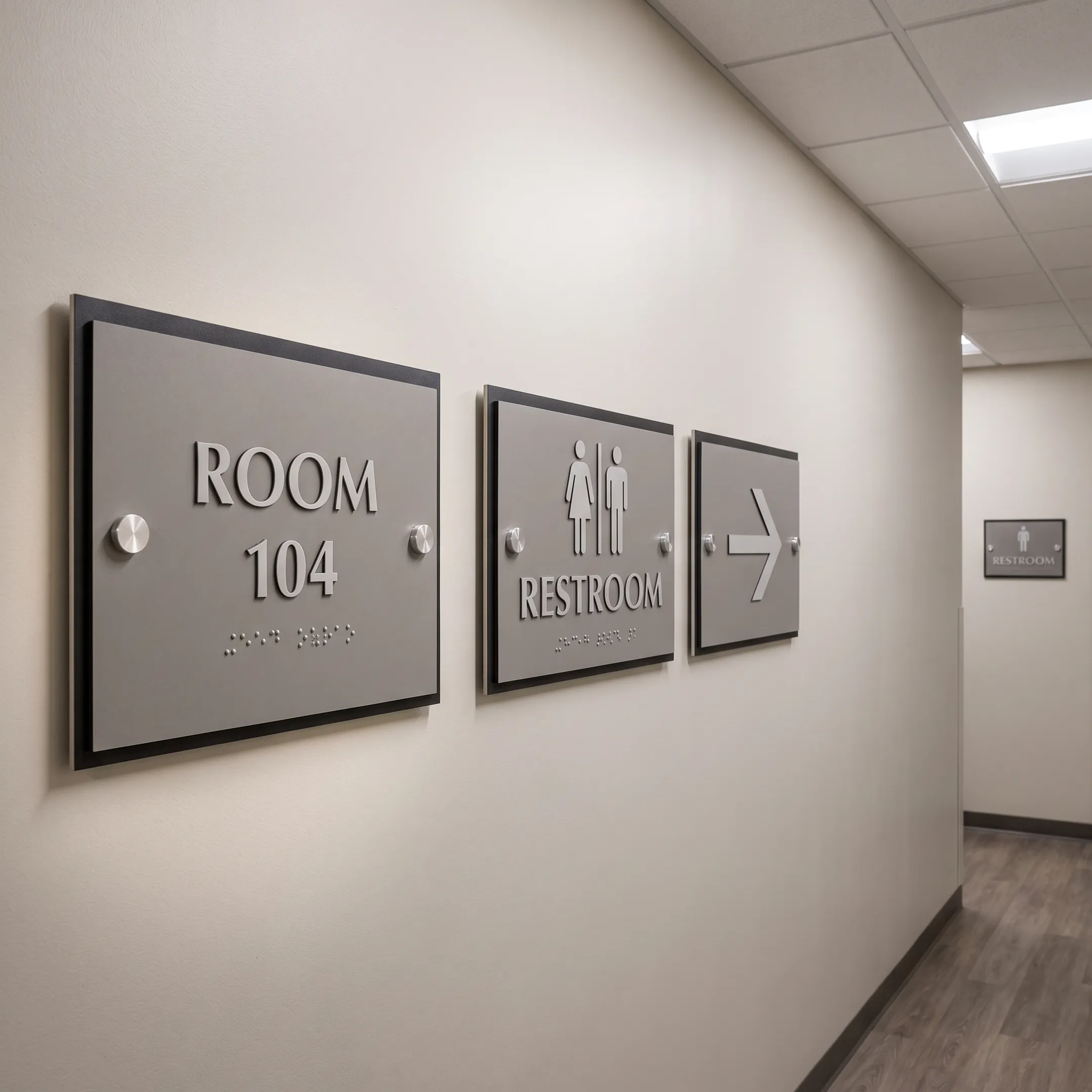 Tactile laminate Braille signage in an office corridor