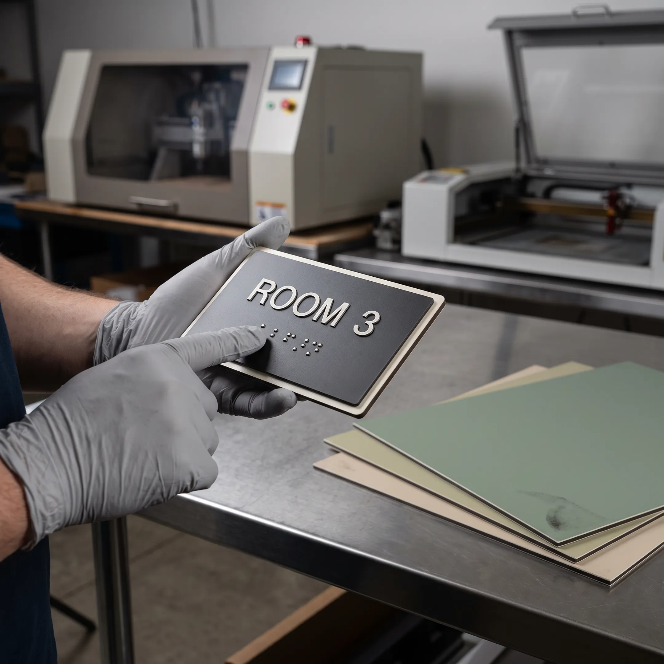 Installer mounting a laminate ADA sign
