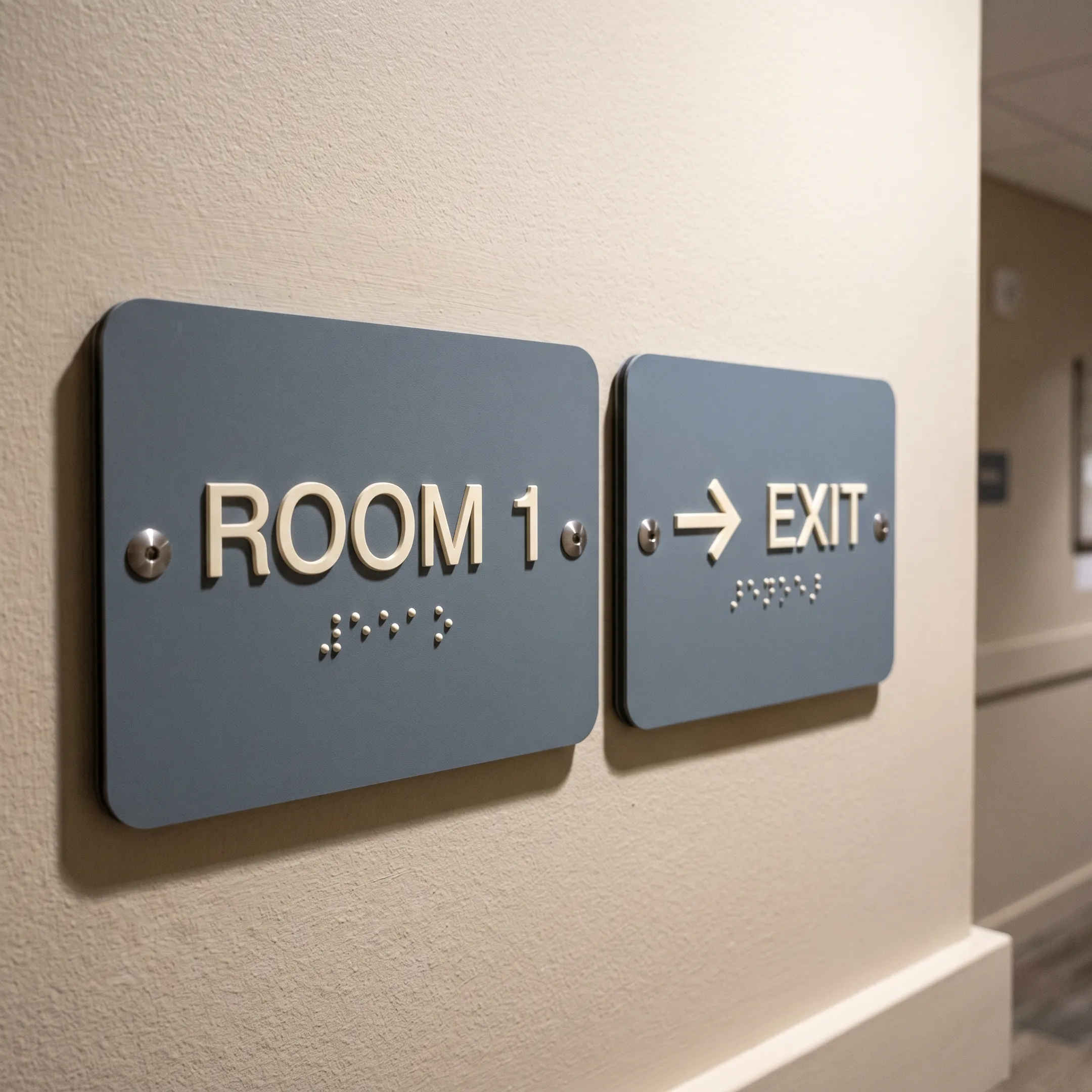 Custom ADA room and directional signs in a commercial interior