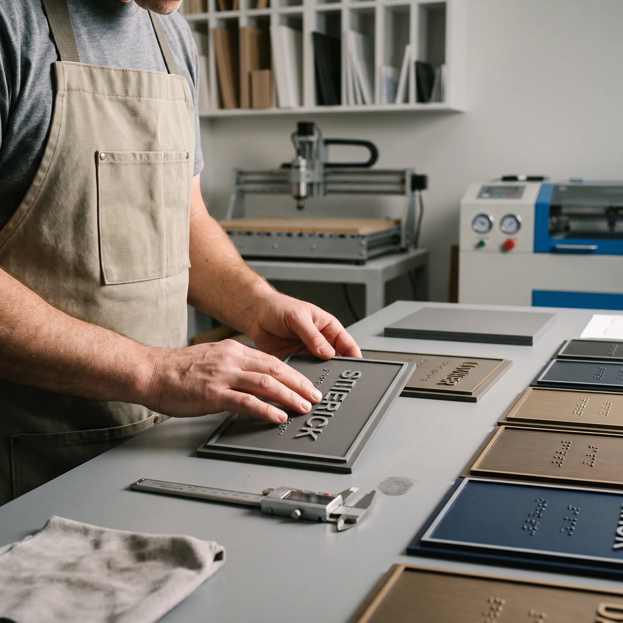 Sign professional reviewing tactile Braille signs