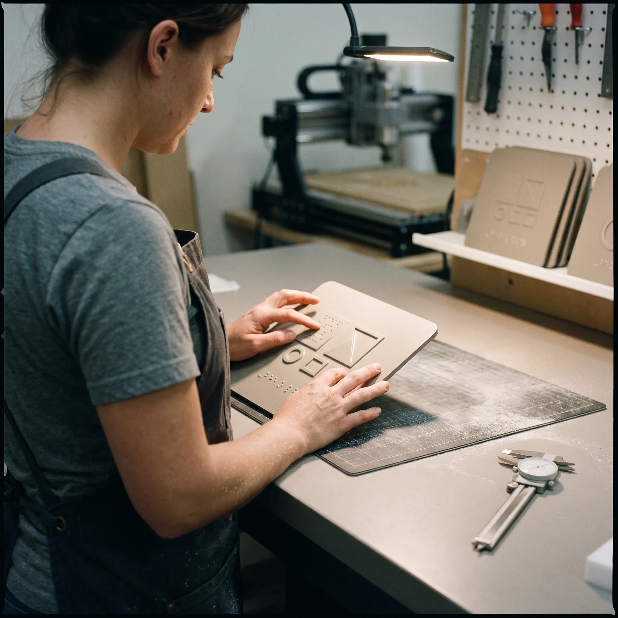 Technician inspecting tactile acrylic sign details
