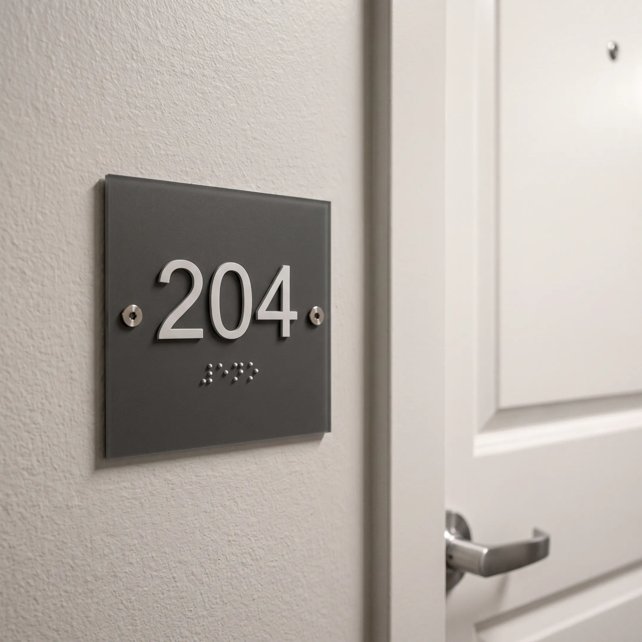 Tactile ADA room sign installed in student housing