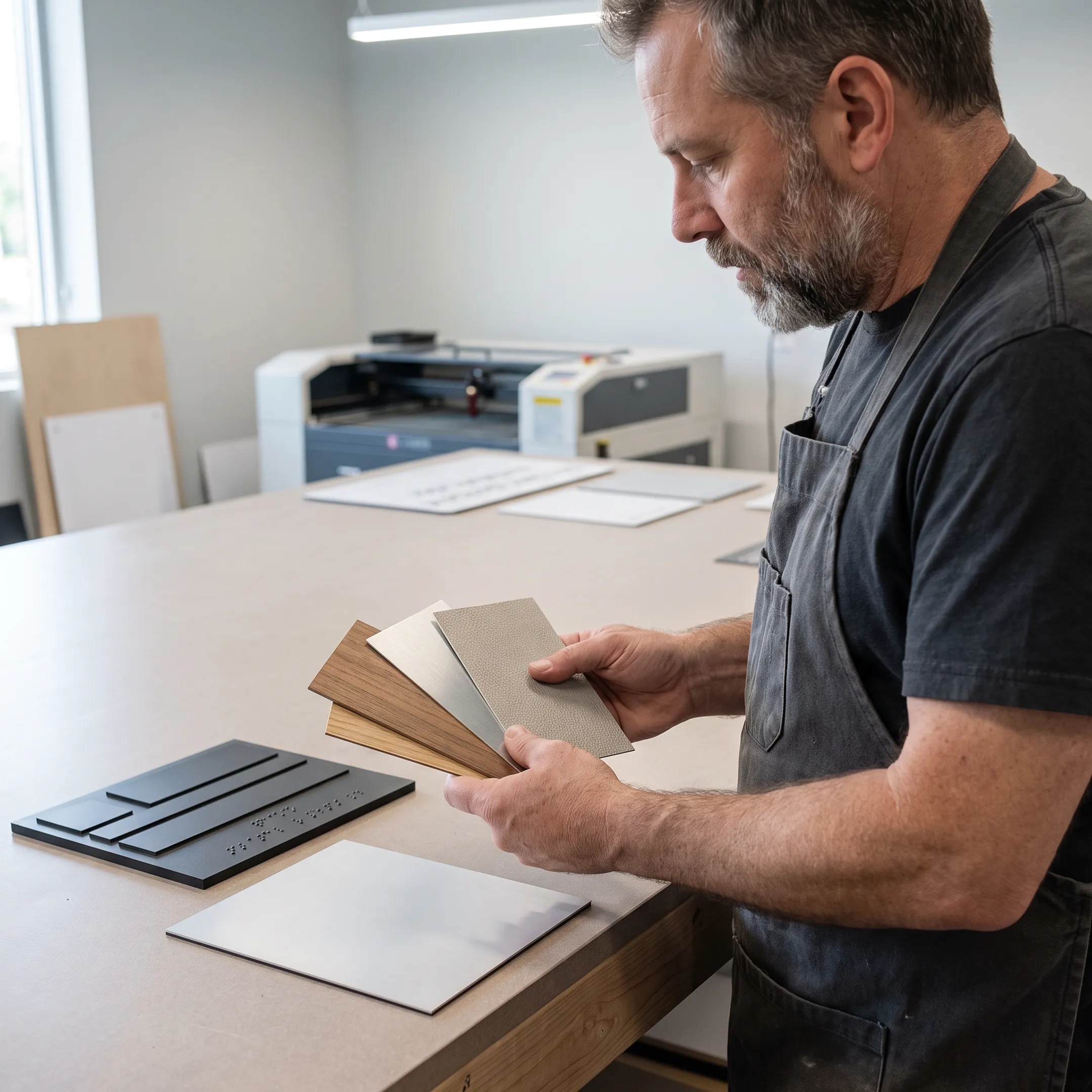 Architectural film samples beside custom signs