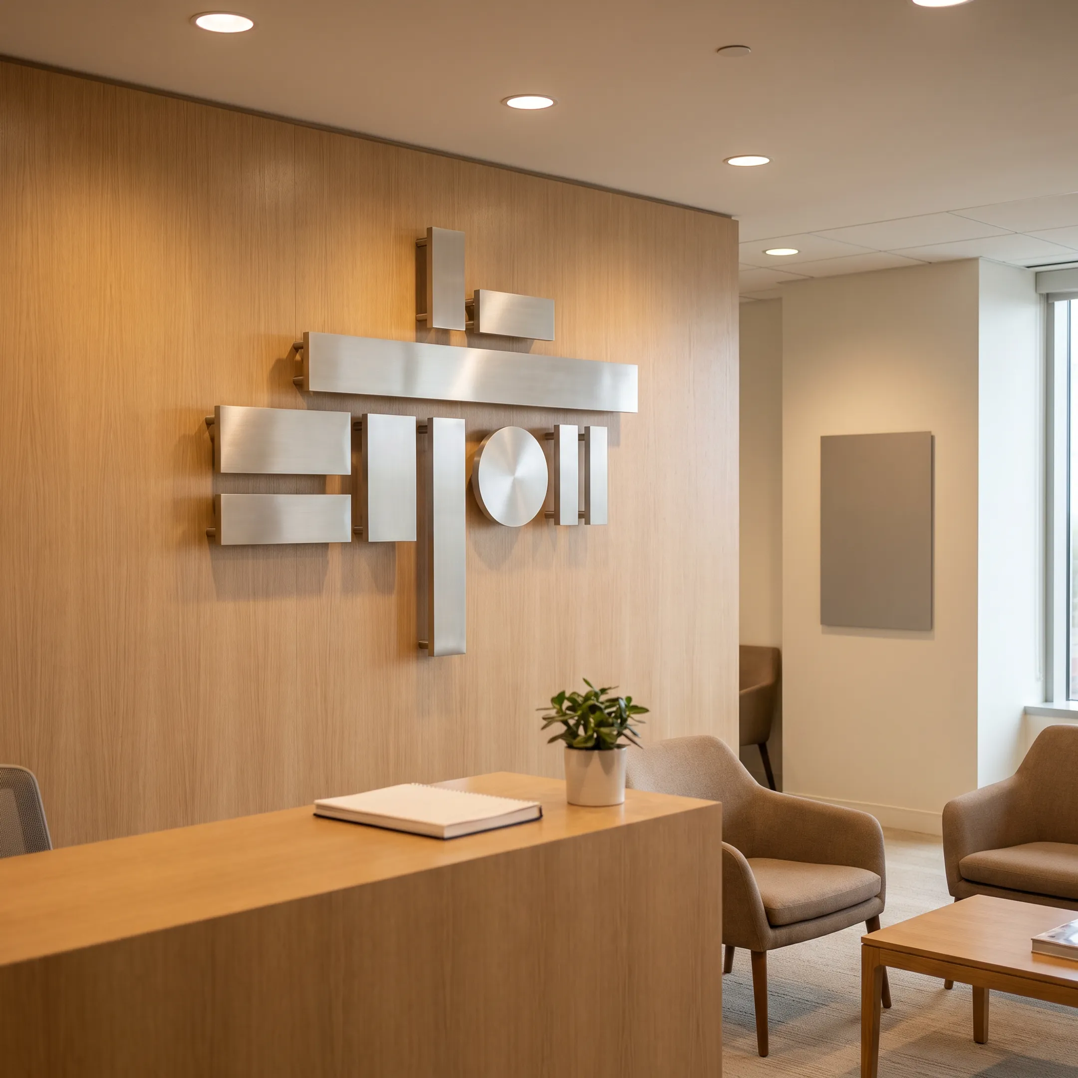 Modern branded reception sign in an office lobby