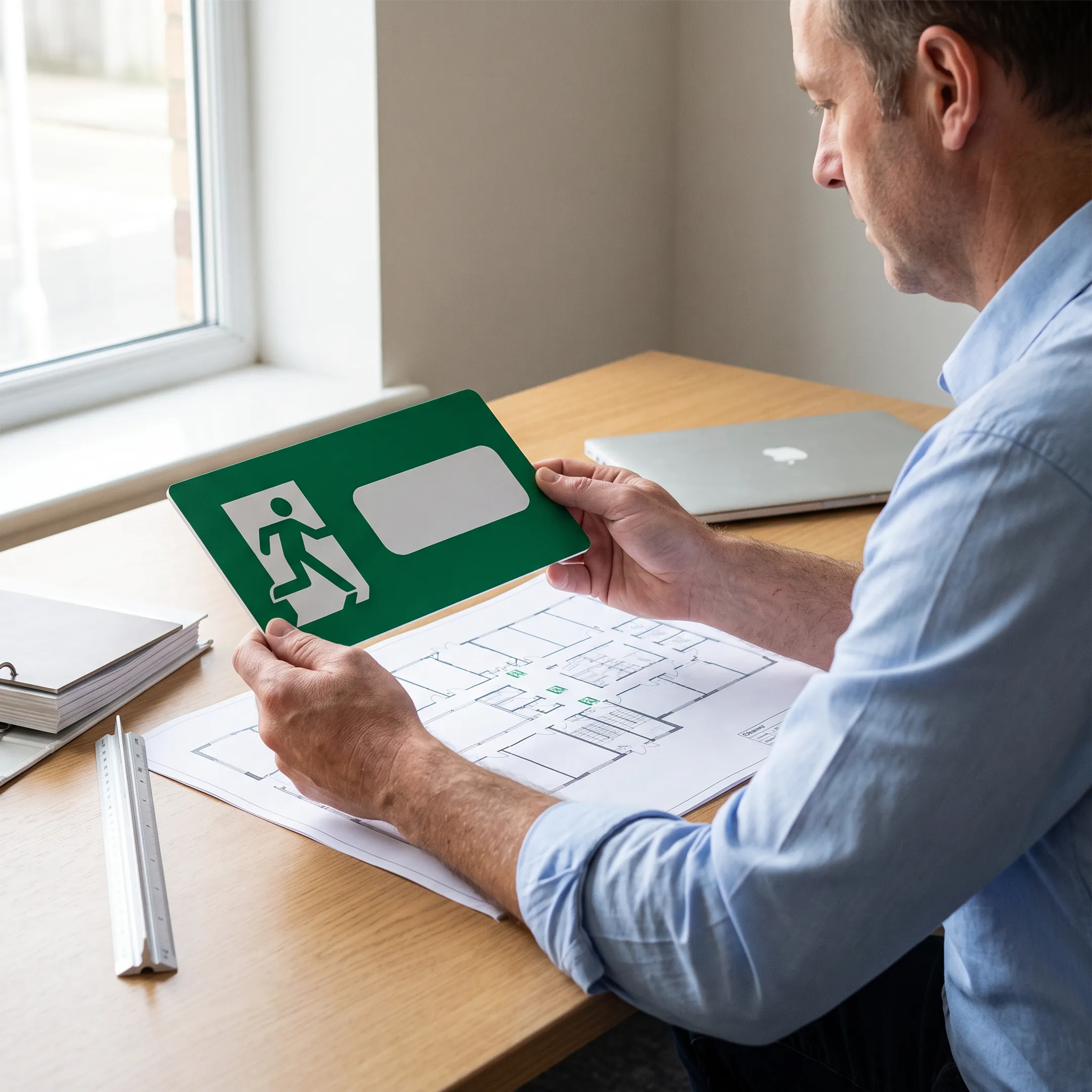 Safety professional reviewing an assembly point sign