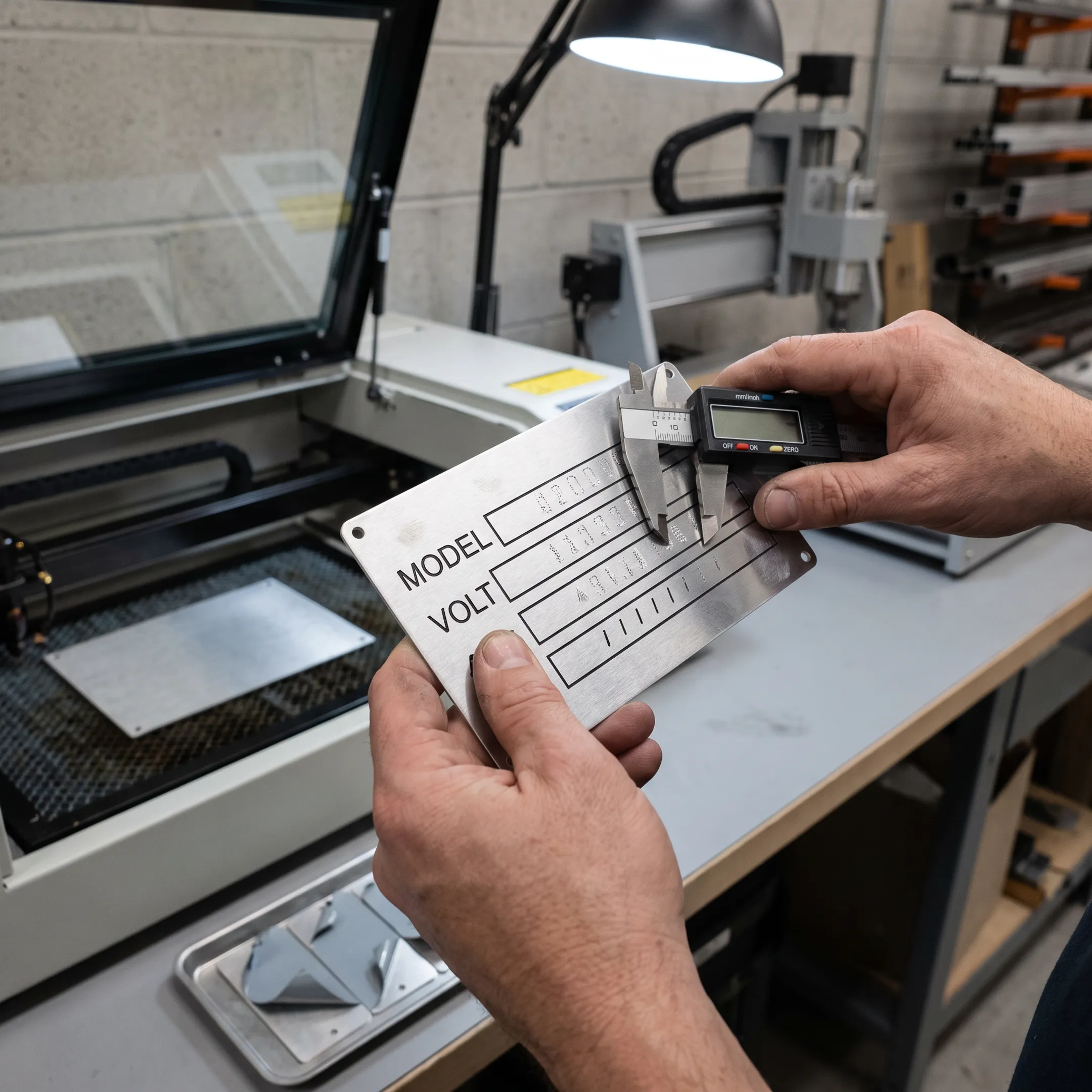 Technician reviewing a custom equipment rating plate