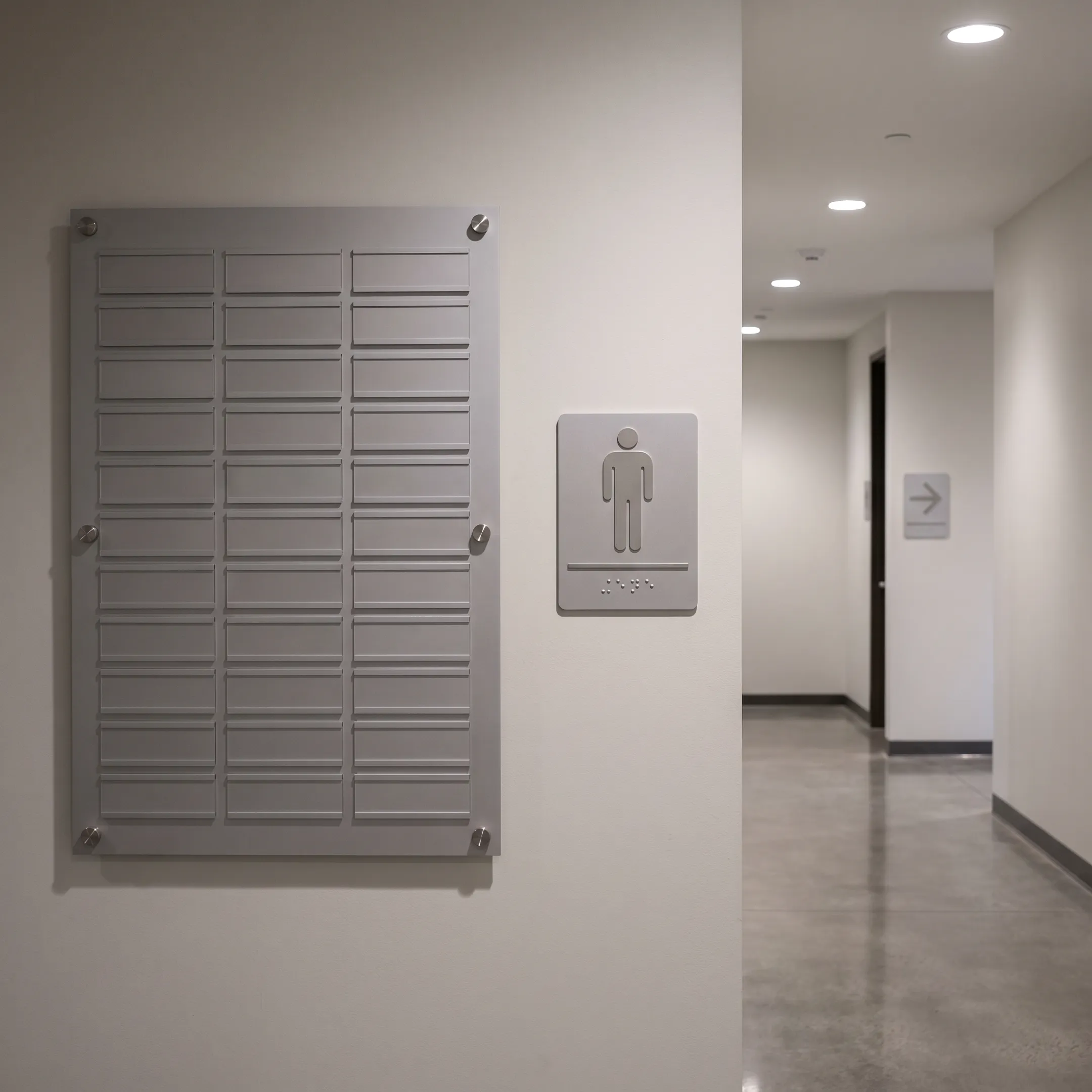 Coordinated ADA wayfinding signage in a commercial interior