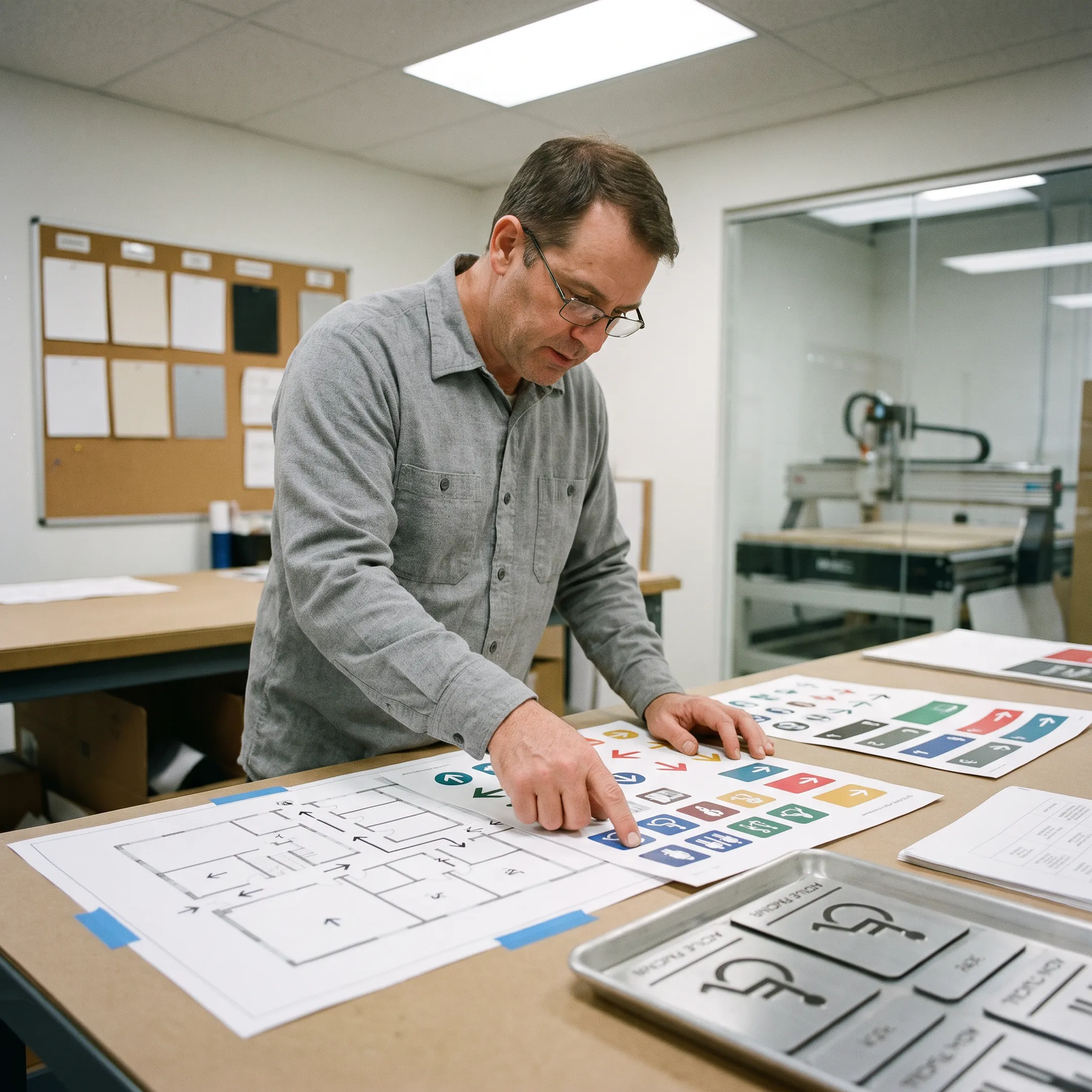 Designer reviewing custom floor sign graphics