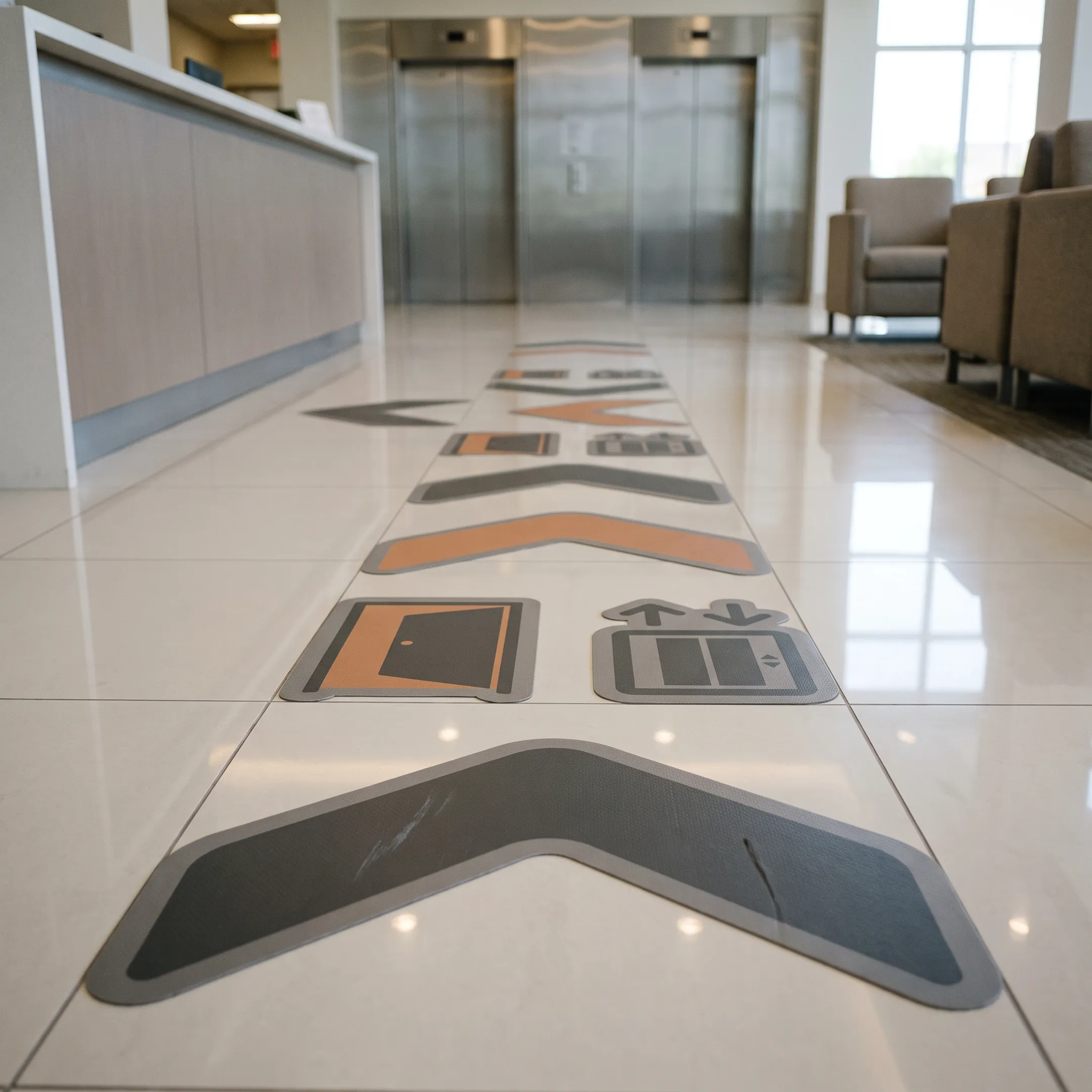 Custom floor signs guiding visitors through a commercial facility