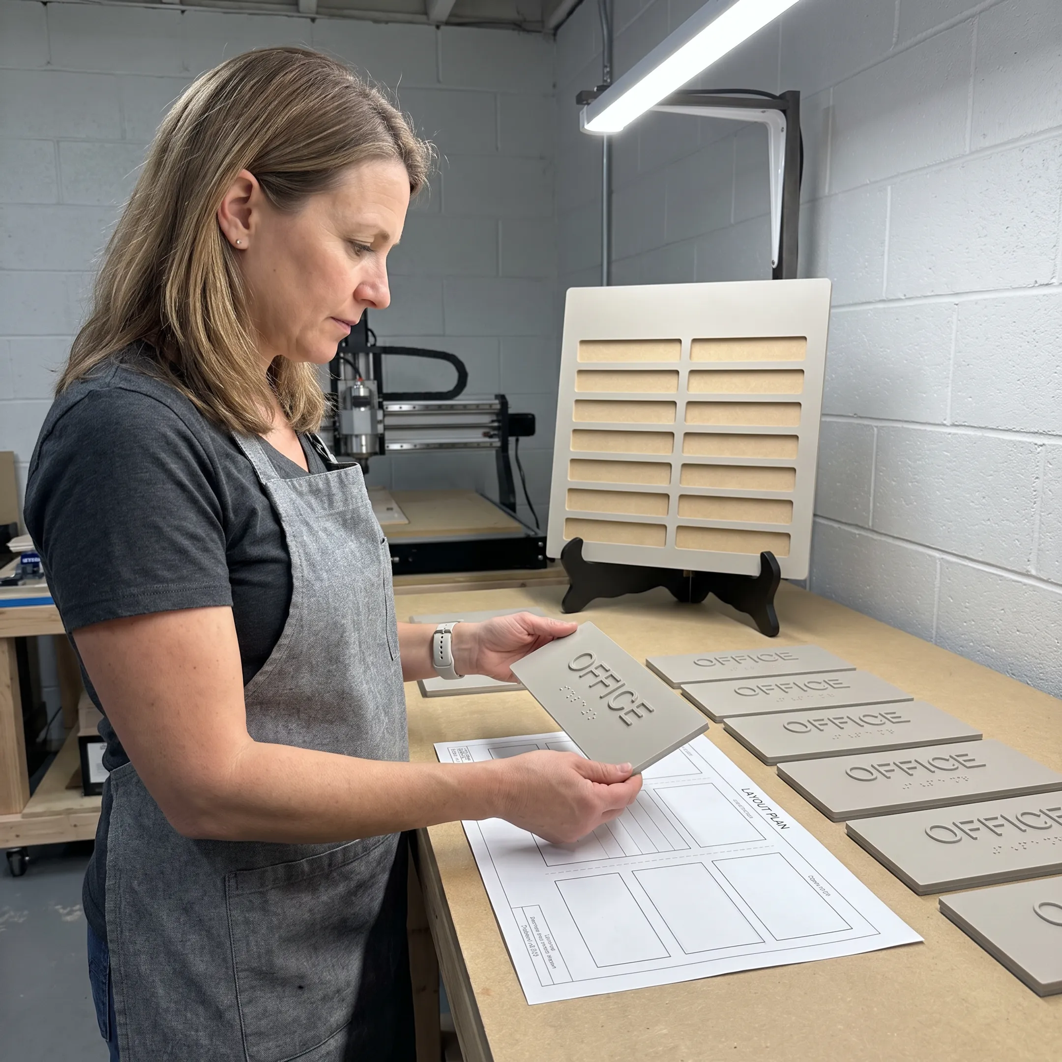 Installer reviewing custom office signage plans